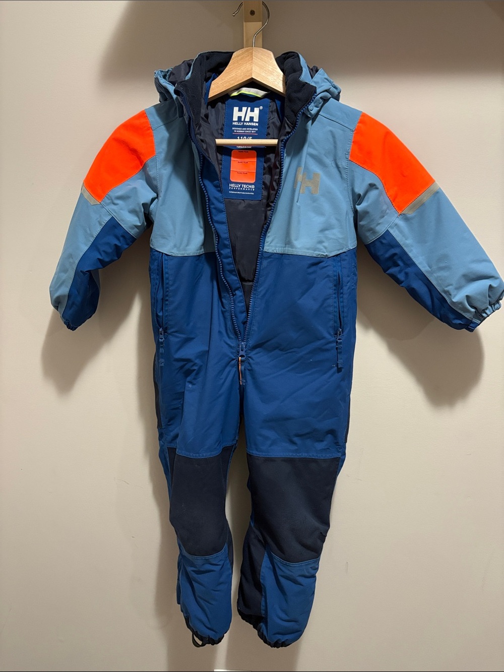 Helly Hansen navy, light blue & orange kids' insulated snowsuit